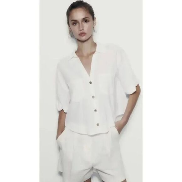ZARA White Linen Blend Crop Button Up Shirt Boxy Minimalist Bohemian SZ L #1675 - Picture 1 of 14